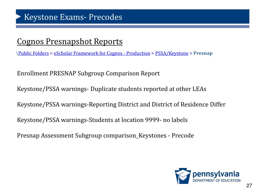 keystone exams precodes 22