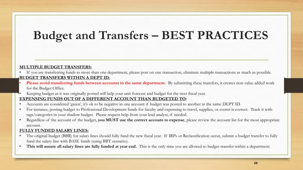 budget and transfers best practices