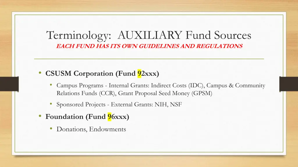 terminology auxiliary fund sources each fund