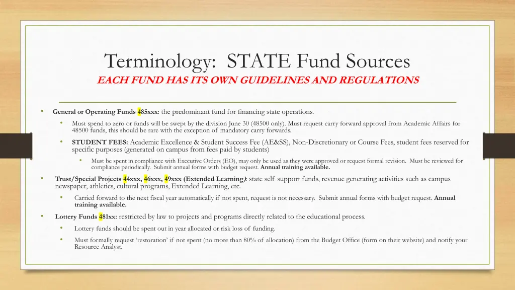 terminology state fund sources each fund