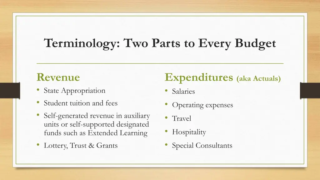 terminology two parts to every budget