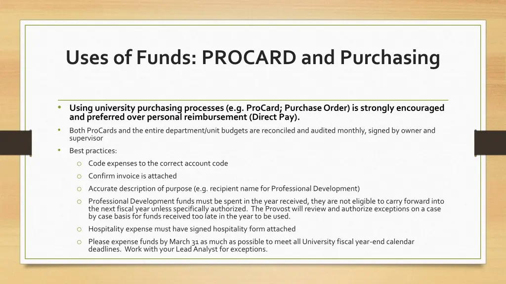 uses of funds procard and purchasing