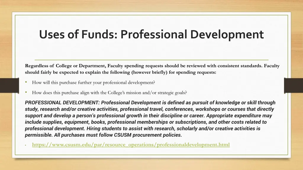 uses of funds professional development