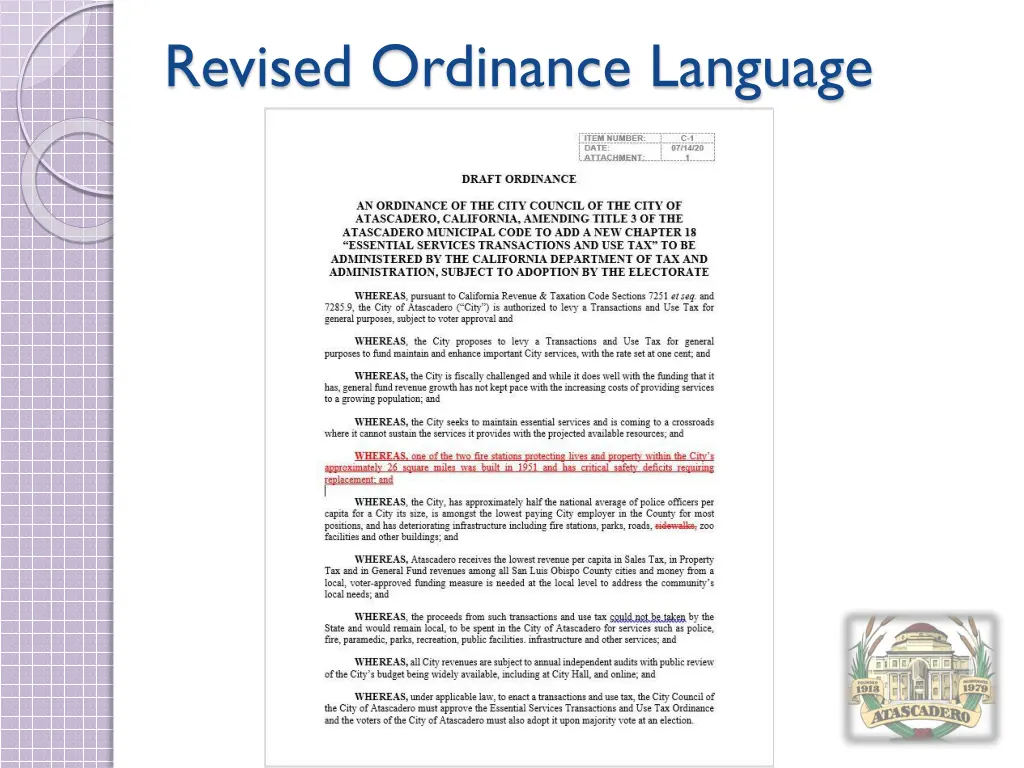 revised ordinance language