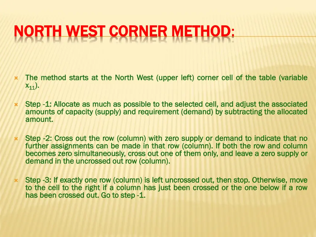 north west corner method north west corner method