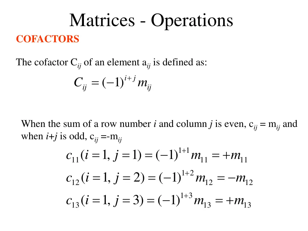 matrices operations cofactors