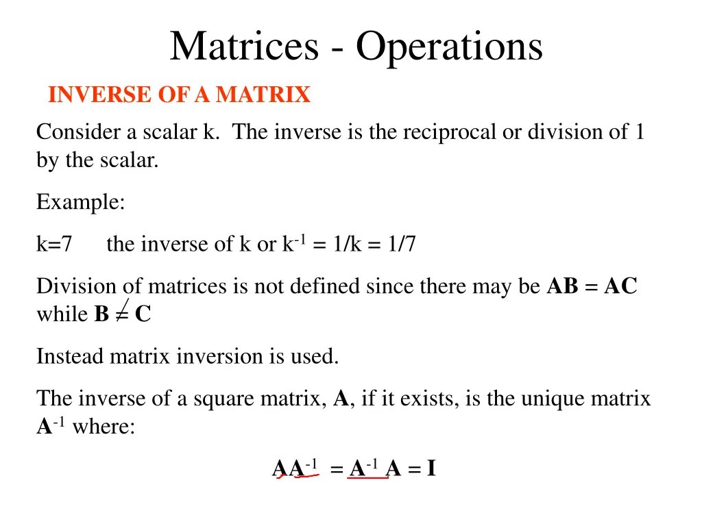 matrices operations inverse of a matrix consider