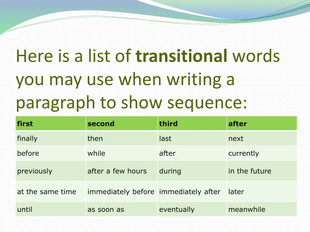 here is a list of transitional words