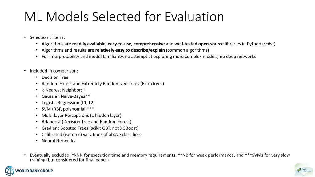 ml models selected for evaluation