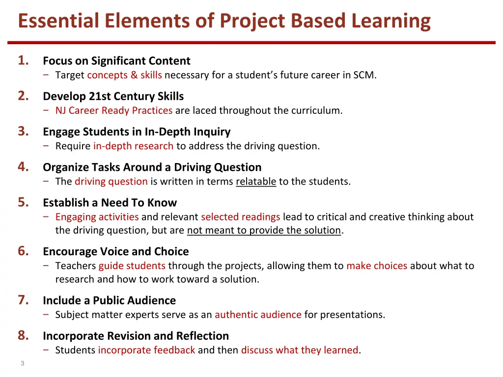 essential elements of project based learning