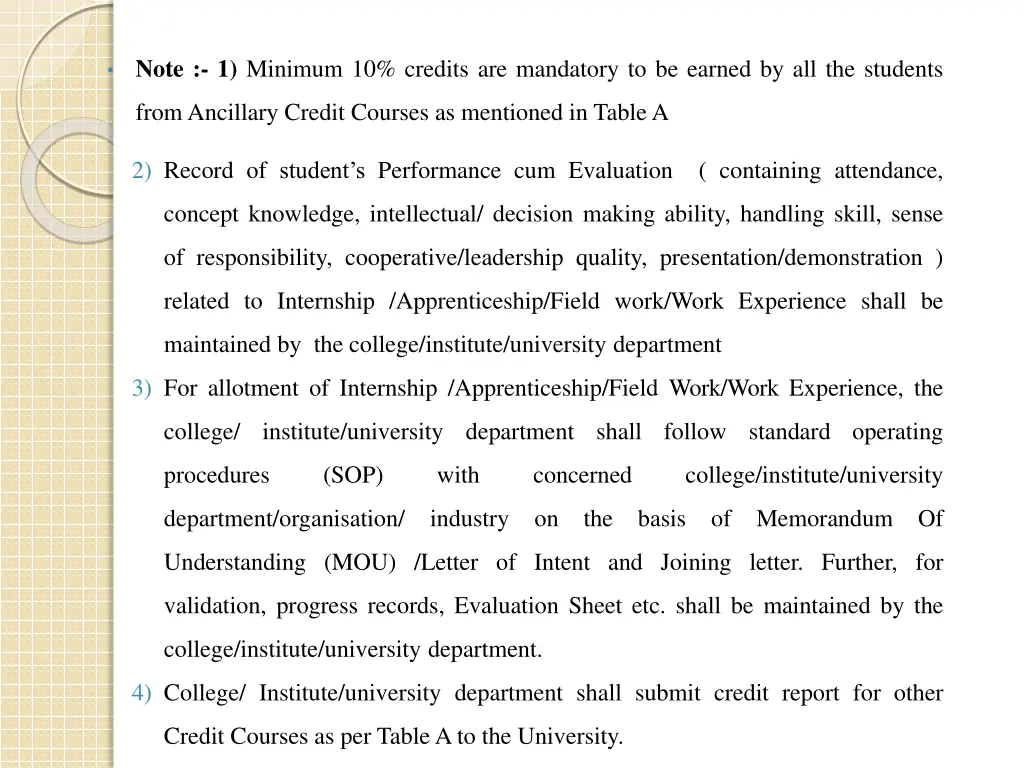 note 1 minimum 10 credits are mandatory