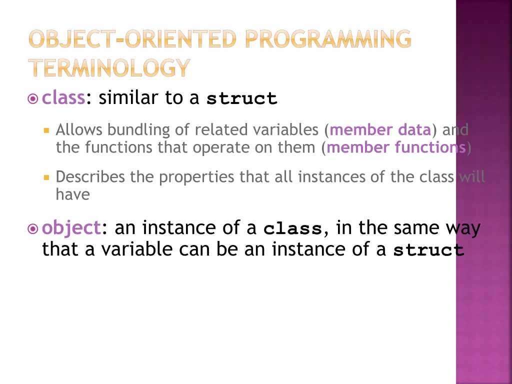 object oriented programming terminology class