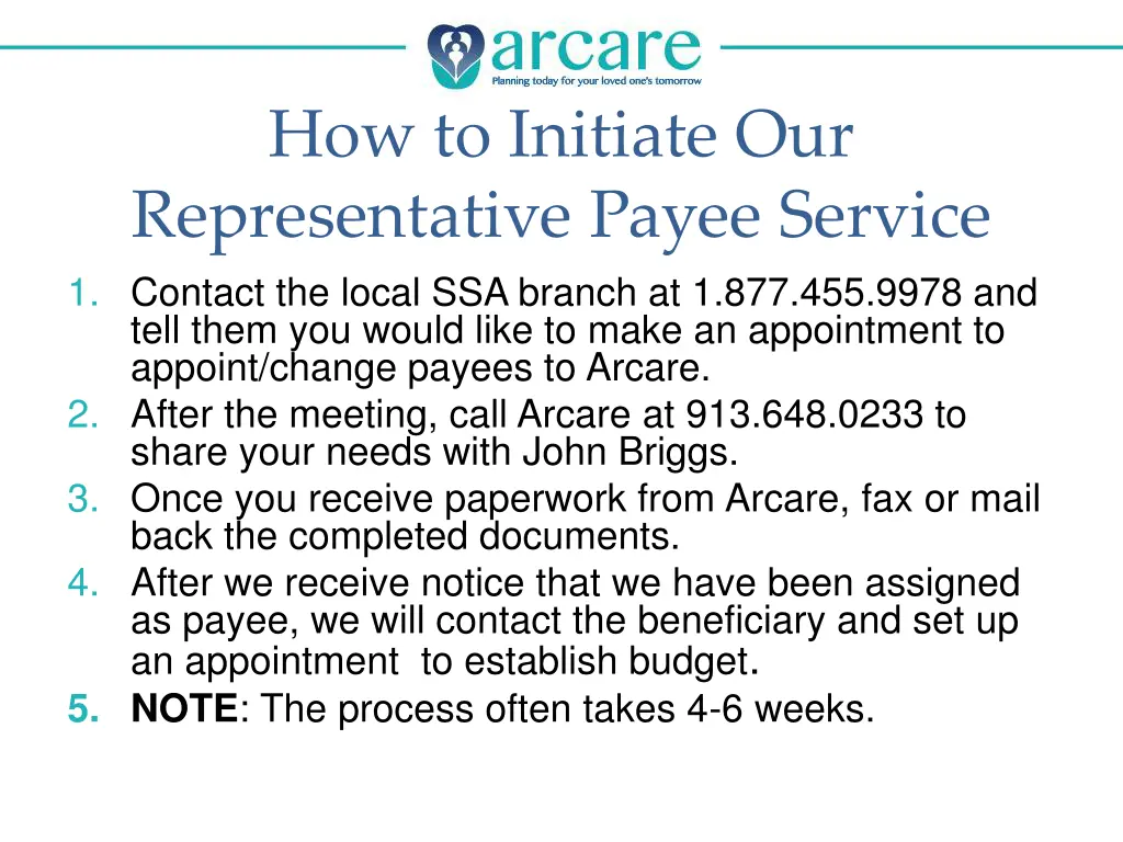 how to initiate our representative payee service