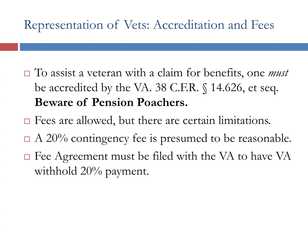 representation of vets accreditation and fees