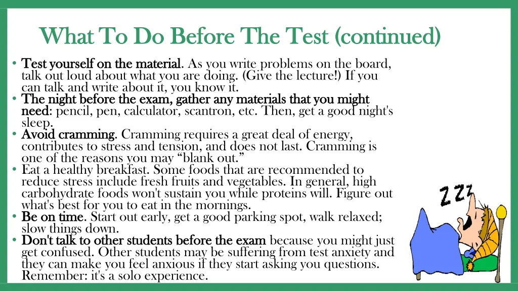 what to do before the test continued what