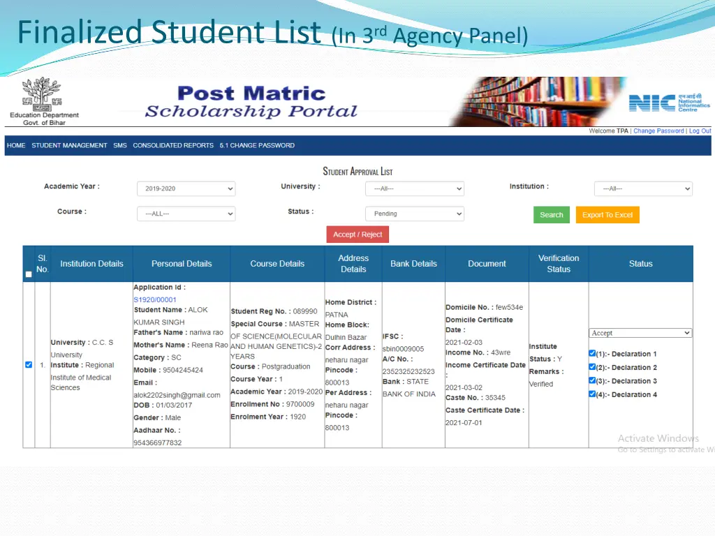 finalized student list in 3 rd agency panel