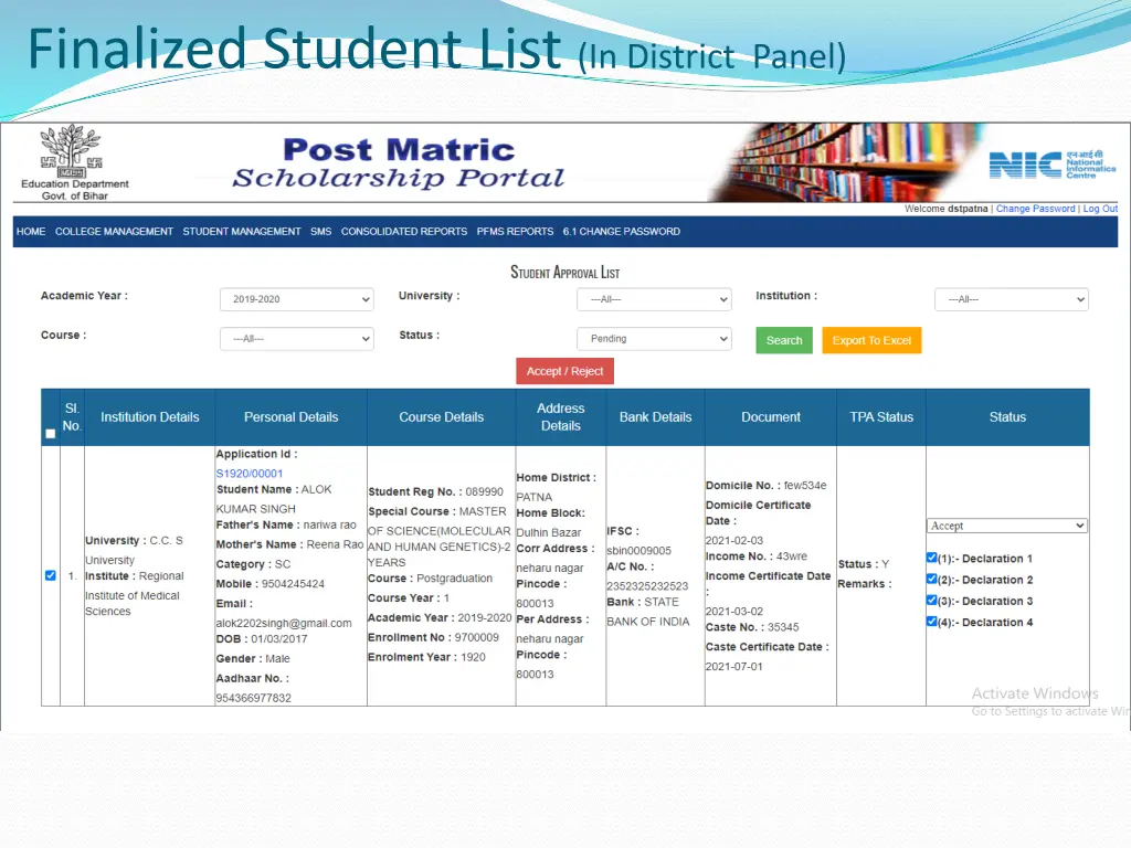 finalized student list in district panel