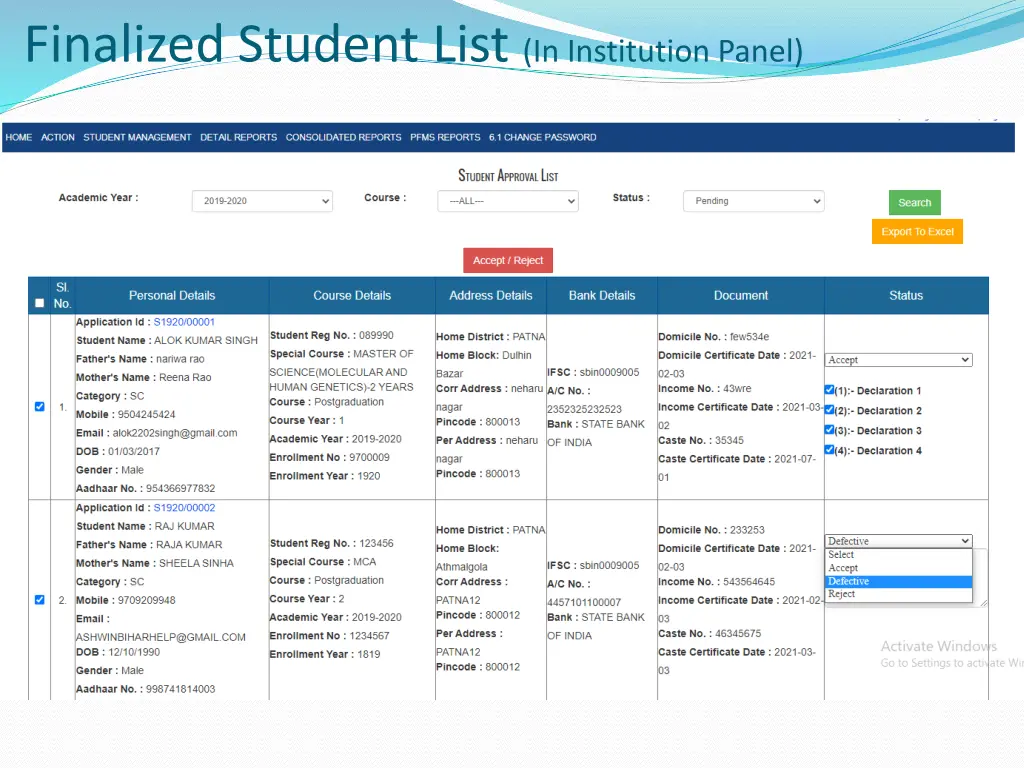 finalized student list in institution panel