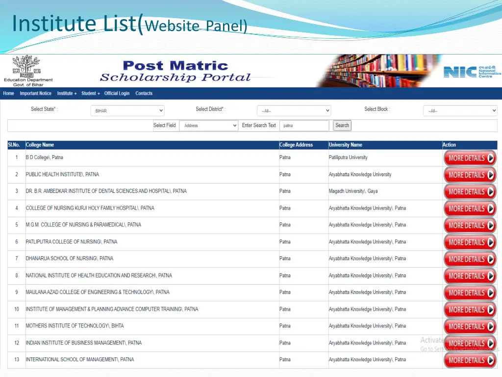 institute list website panel