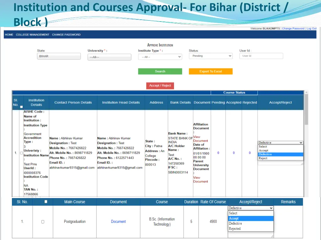 institution and courses approval for bihar