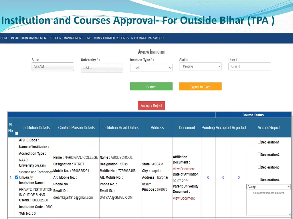 institution and courses approval for outside