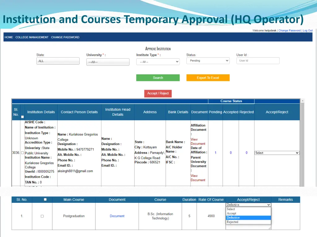 institution and courses temporary approval