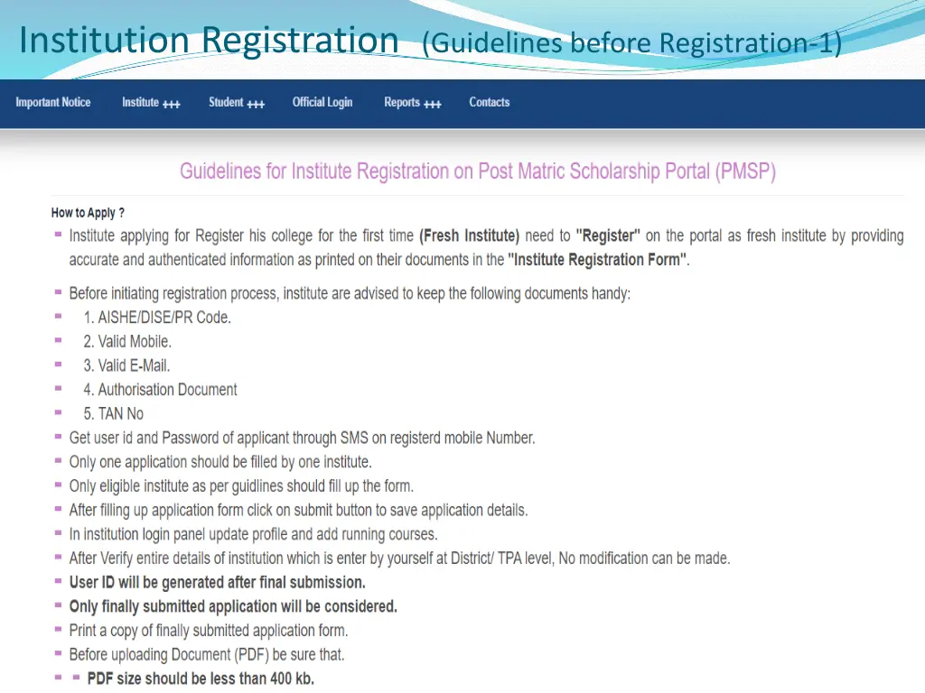 institution registration guidelines before