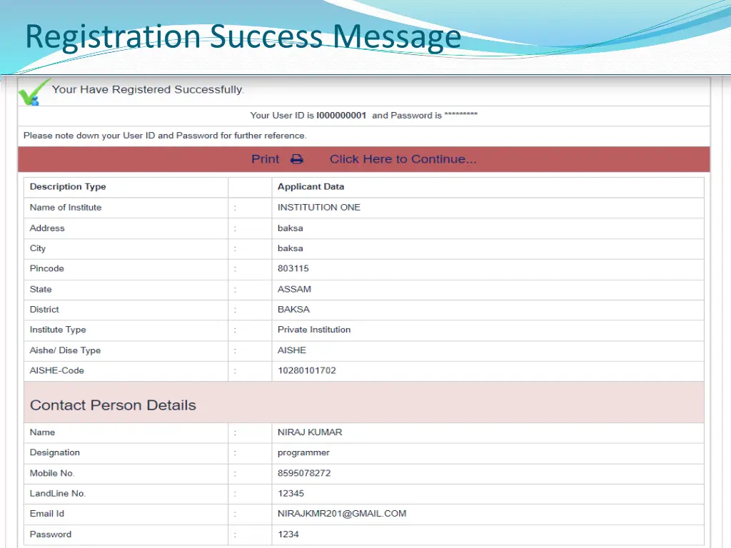 registration success message