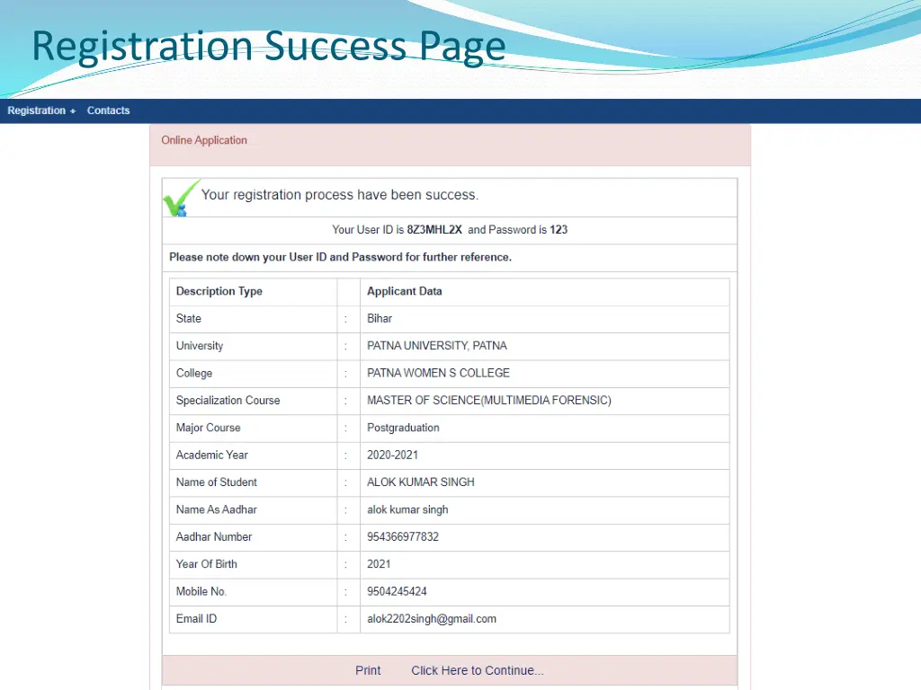 registration success page