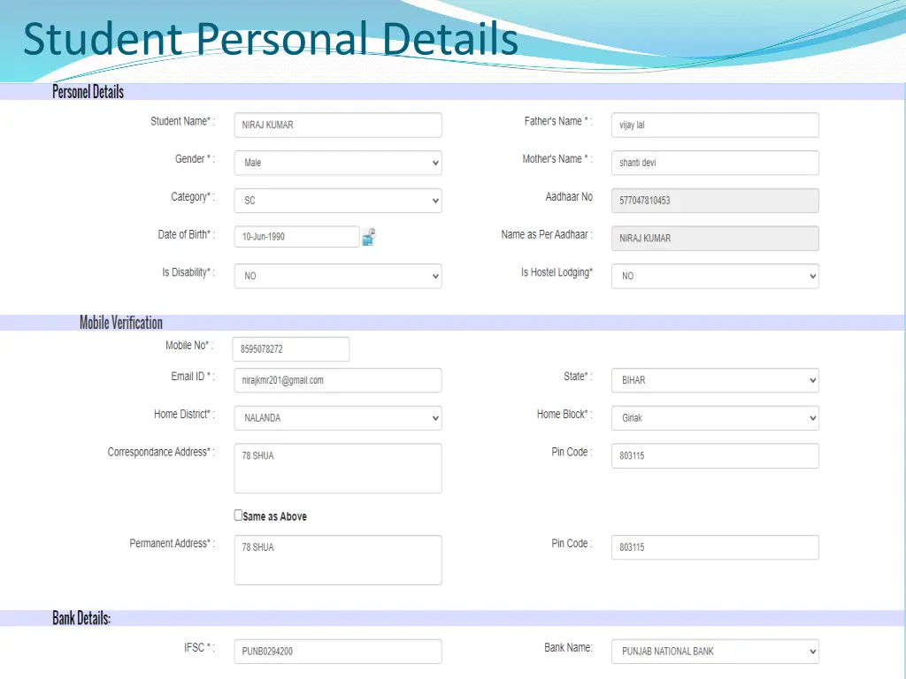 student personal details