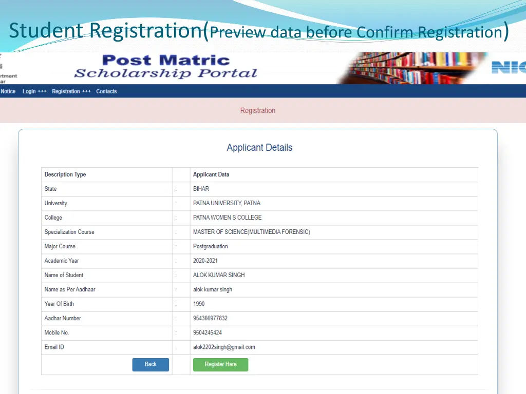 student registration preview data before confirm