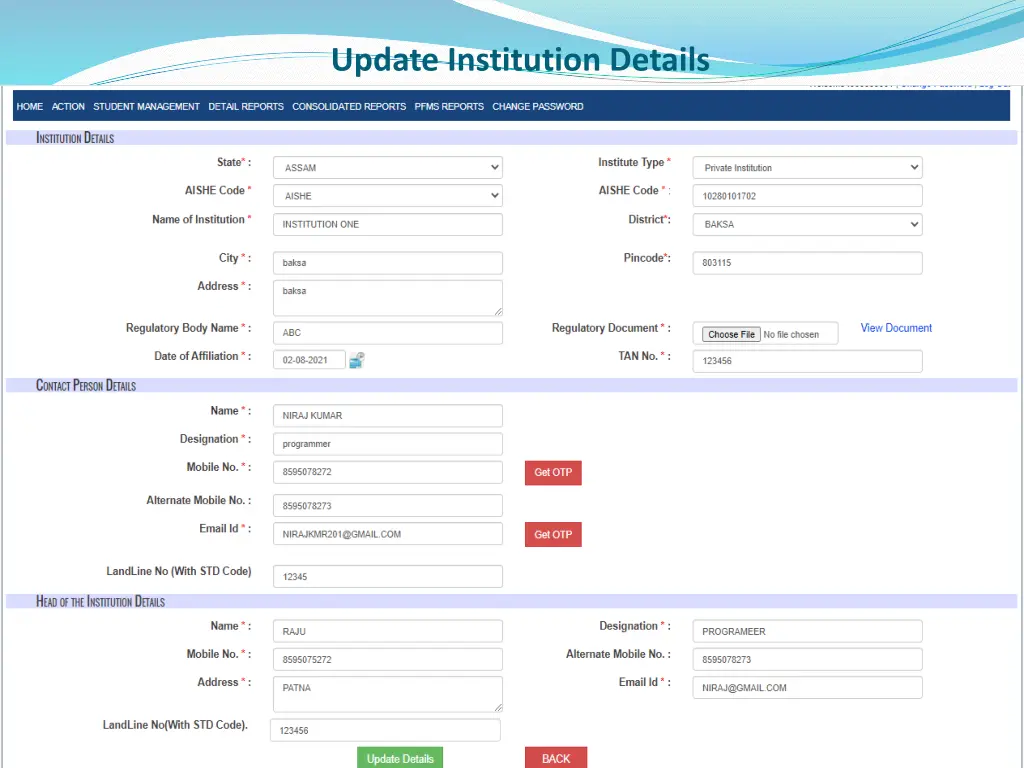 update institution details