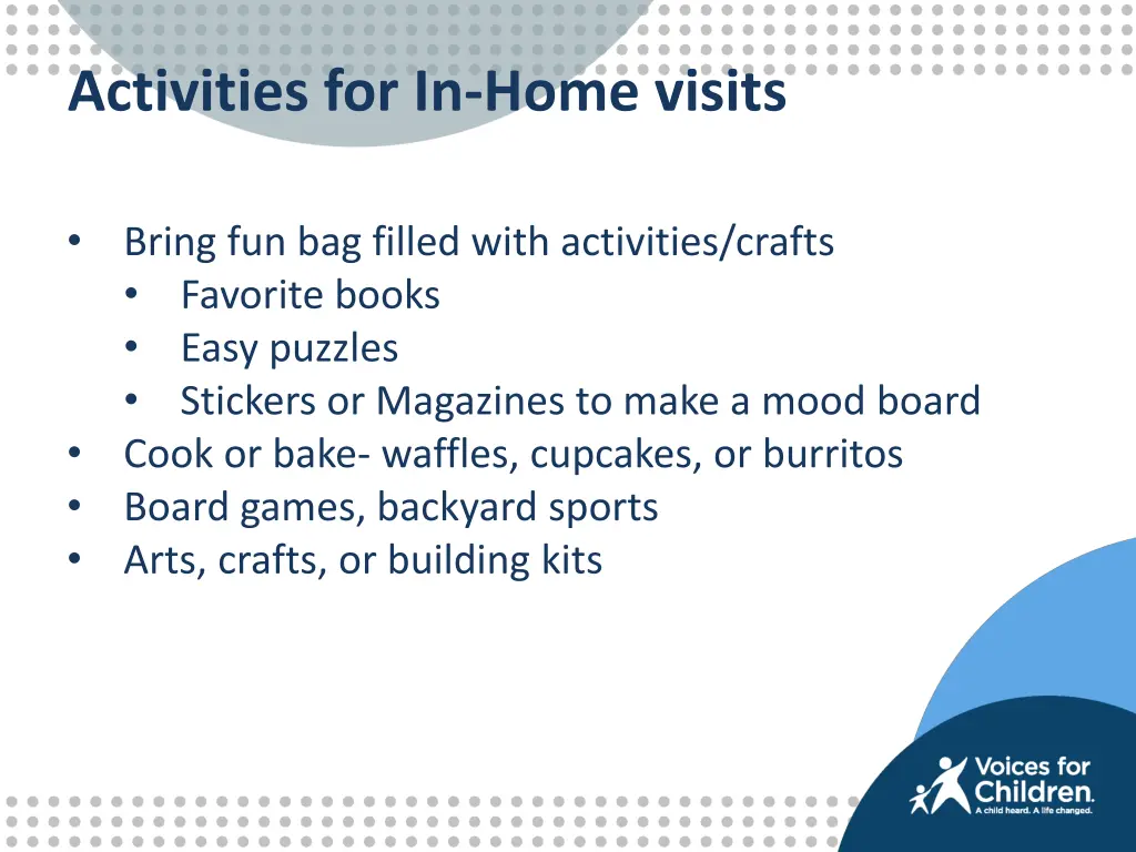 activities for in home visits