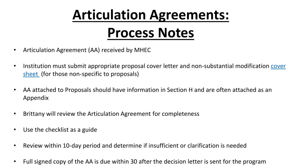 articulation agreements process notes