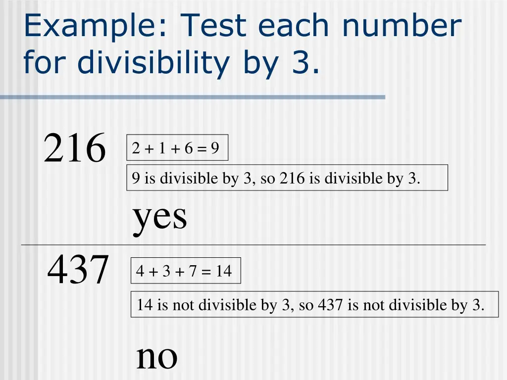 example test each number for divisibility by 3