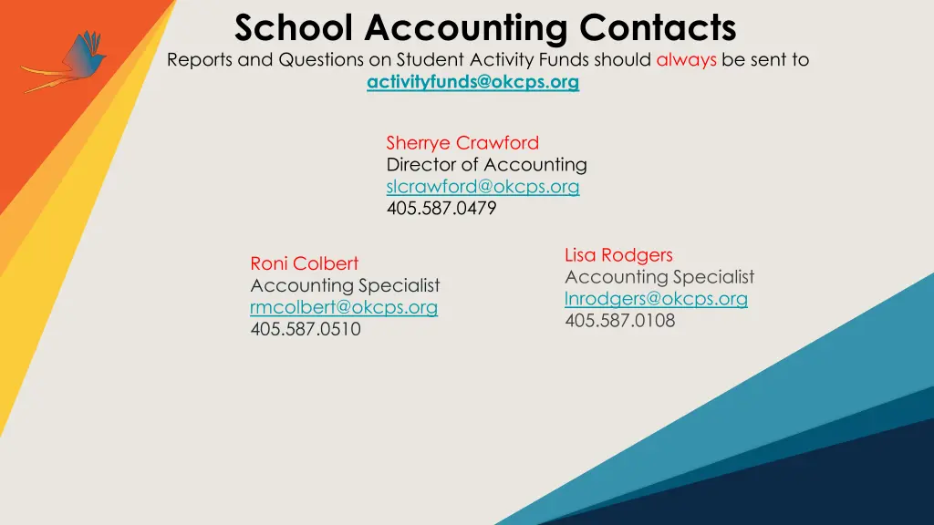 school accounting contacts reports and questions