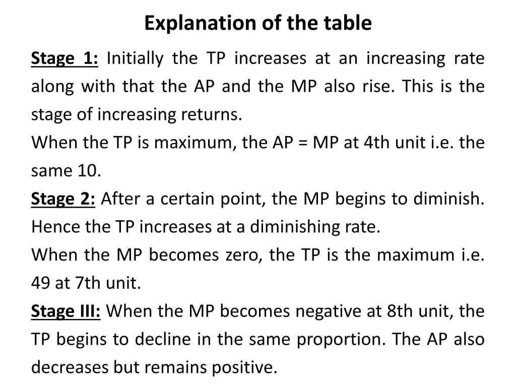 explanation of the table