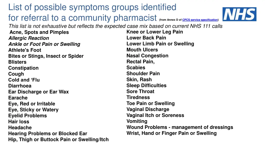 list of possible symptoms groups identified