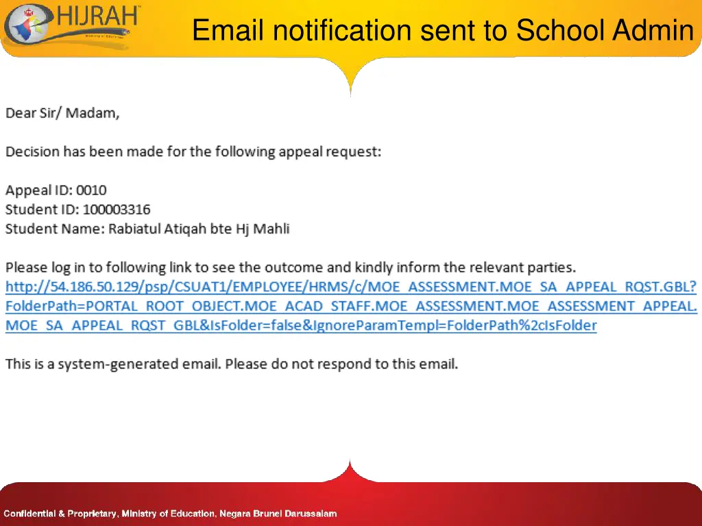 email notification sent to school admin