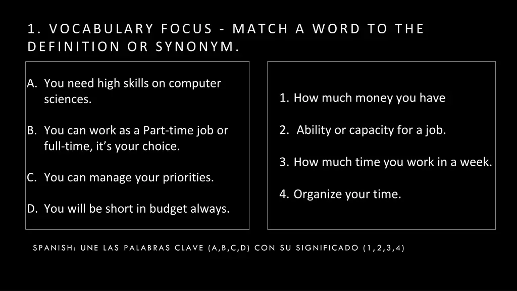 1 vocabulary focus match a word to the definition