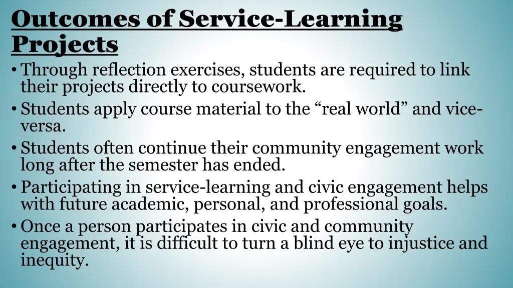 outcomes of service learning projects through