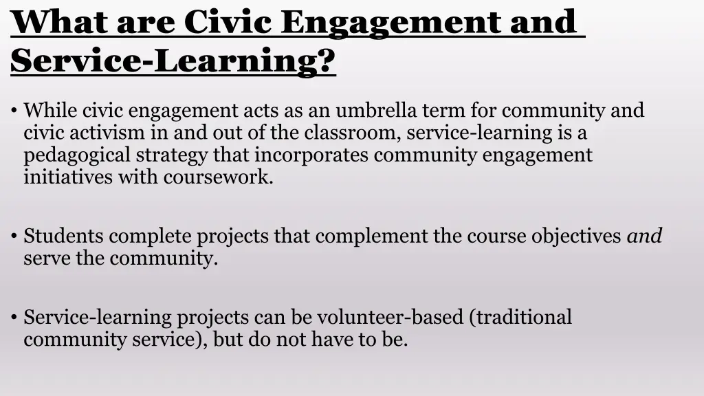 what are civic engagement and service learning