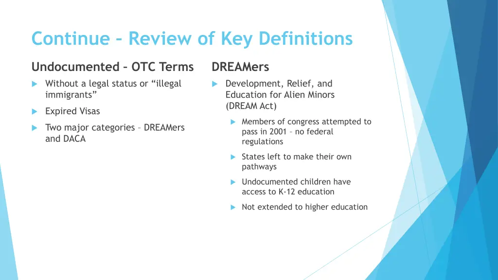 continue review of key definitions