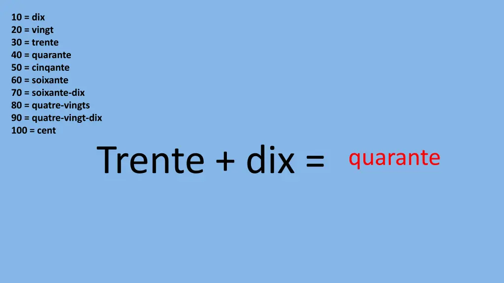 10 dix 20 vingt 30 trente 40 quarante 50 cinqante