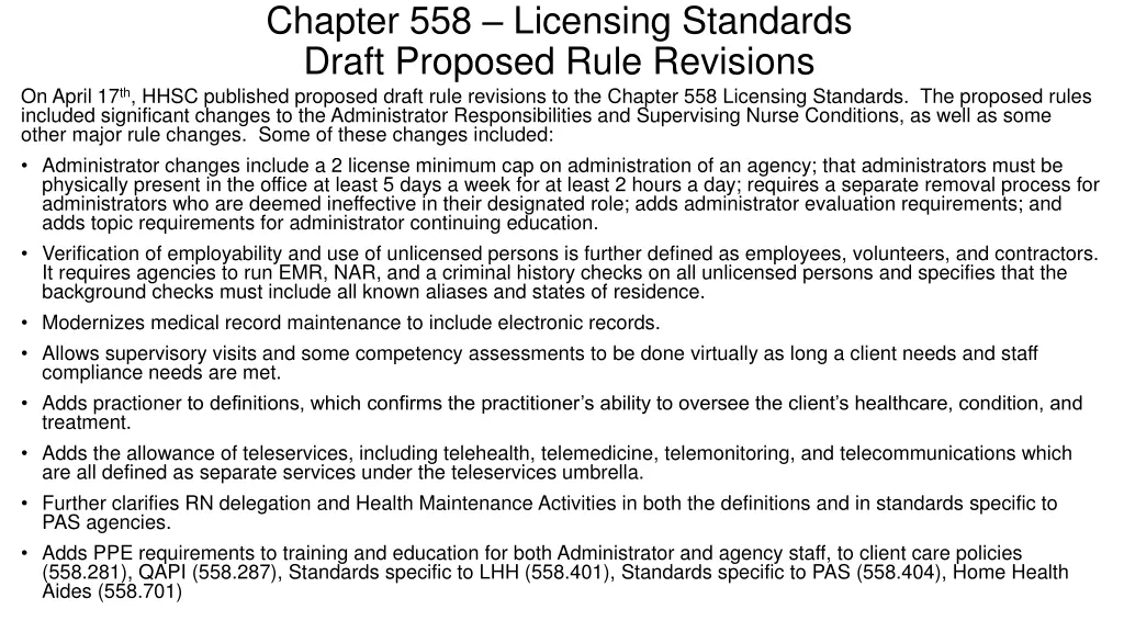 chapter 558 licensing standards draft proposed