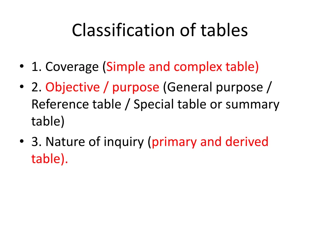 classification of tables