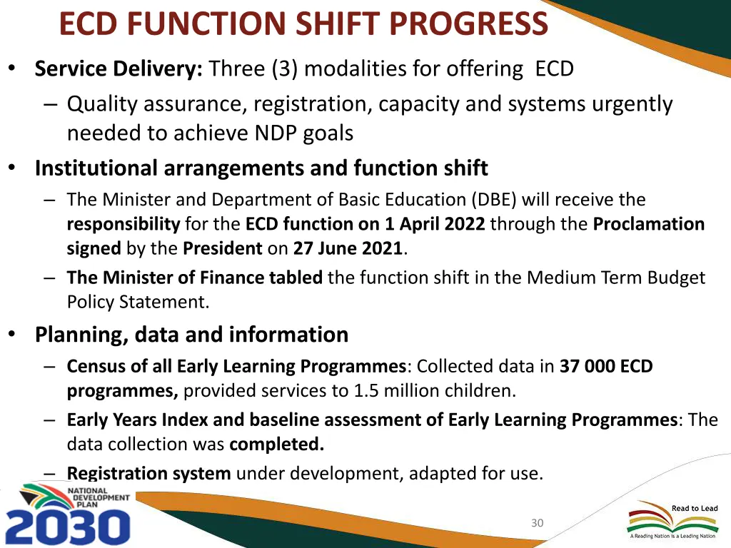 ecd function shift progress service delivery