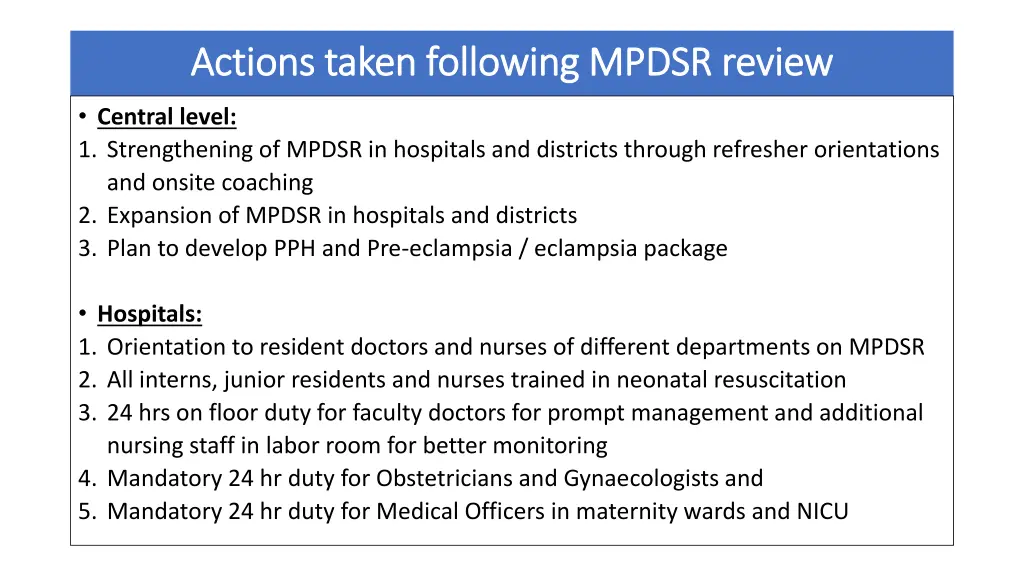 actions taken following mpdsr review actions