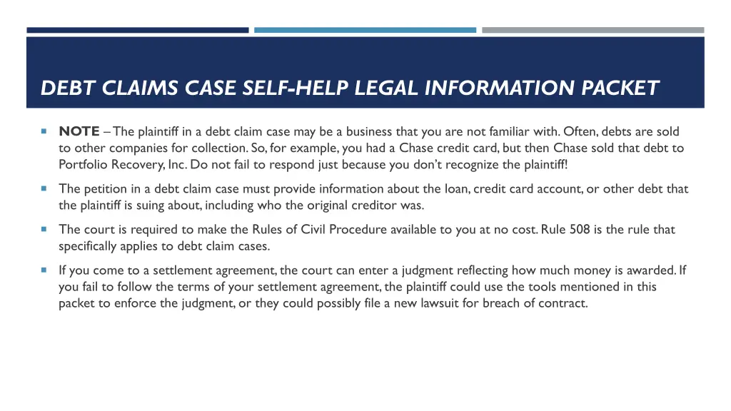 debt claims case self help legal information