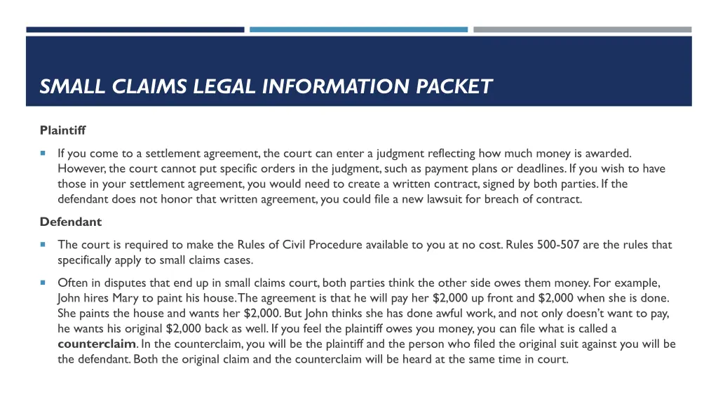 small claims legal information packet